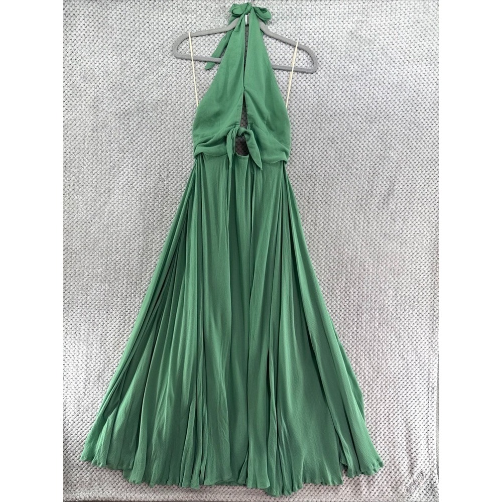 Free People Halter Maxi Dress Womens XS Green Gauze Smock Back Deep Slit Cruise